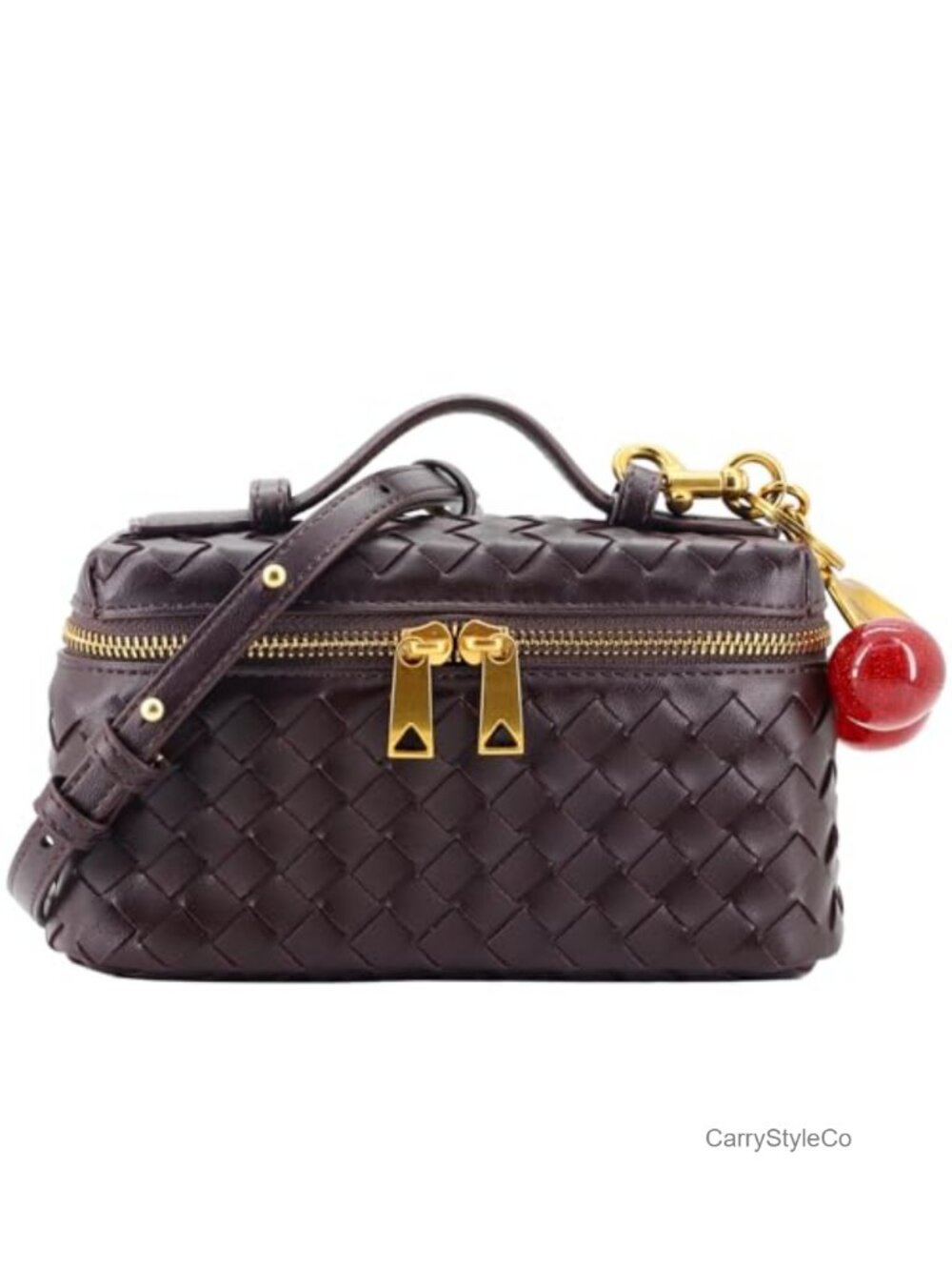 Woven Leather Crossbody Bag with Cherry Charm, Top Handle Clutch Purse